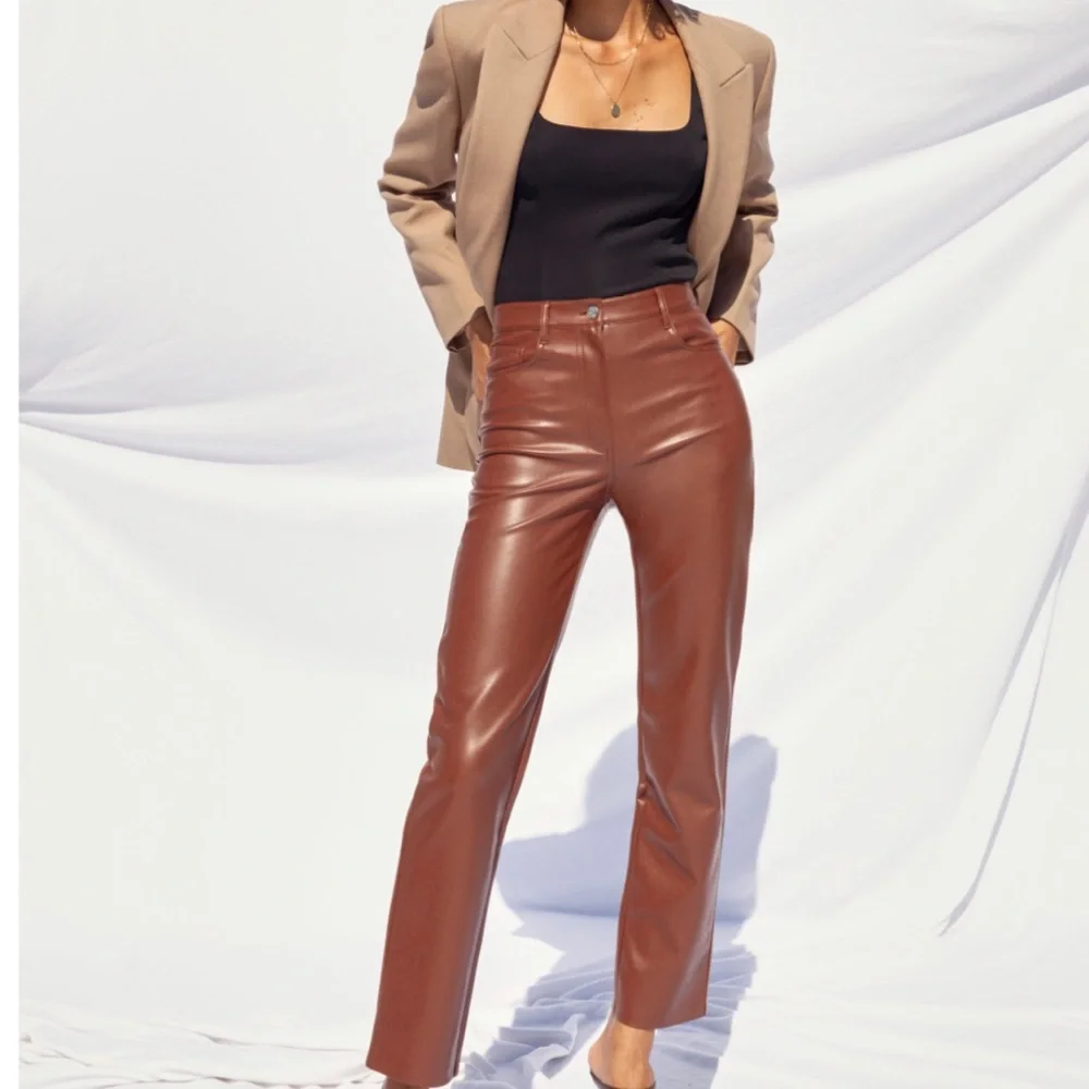 Wilfred Melina Vegan Leather Pants Pecan Brown High Rise Straight Leg - Picture 1 of 12